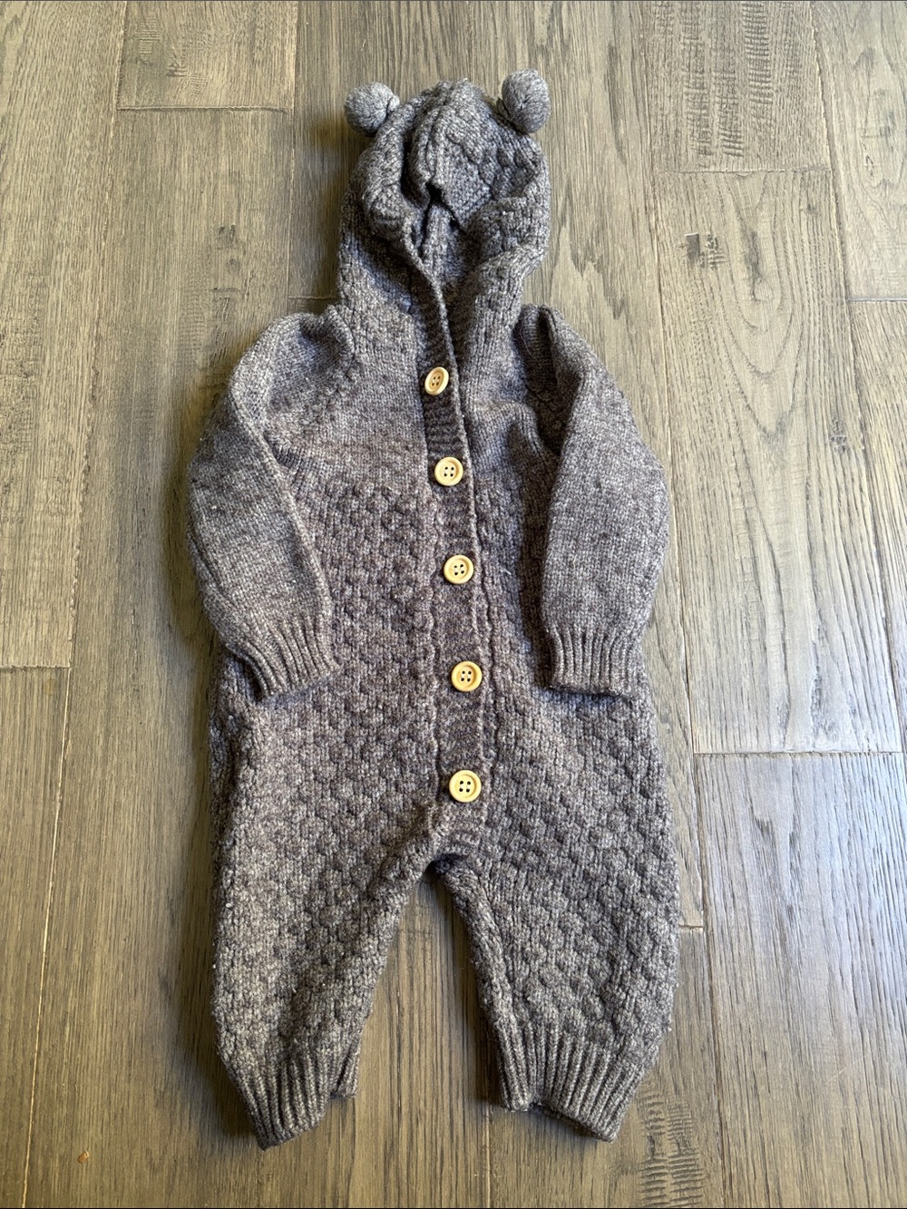 Cozy Knit Hooded One-Piece With Buttons Heather Grey Size 6-12 Months